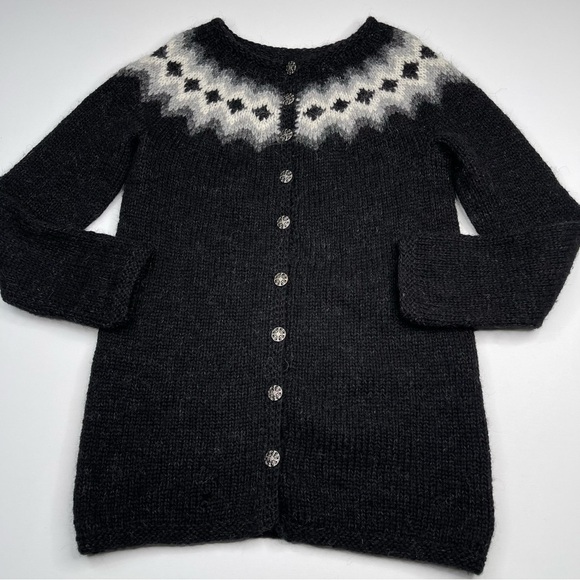 Fair Isle Cardigan Sweater Hand Knit Iceland Wool Black Grey Fisherman Apres Ski - Picture 1 of 15